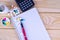 Top view pen on the book with white bottle and heap of pill and calculator on wooden table. Hard working and stressful business