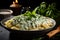 top view, penne with spinach gorgonzola sauce