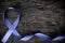 Top view of periwinkle blue ribbon on wood background with copy space. Stomach and esophageal cancer awareness, eating disorder.