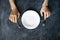 top view of person\'s hands on the table with empty plate design mock up designs