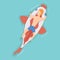 Top view persone floating on air mattress in swimming pool. Men relaxing and sunbathing on inflatable fish shape. Vector