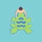 Top view persone floating on air mattress in swimming pool. Men relaxing and sunbathing on inflatable frog shape. Vector