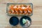 Top view of Philadelphia roll sushi with salmon, prawn, avocado, cream cheese. Sushi menu. Japanese food