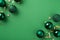 Top view photo of christmas decorations small glowing stars green balls golden star shaped confetti serpentine and sequins on