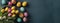 Top view photo of colorful easter eggs and bunches of multicolor tulips, light blue, copyspace, generative AI