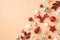 Top view photo of composition white silver and red christmas tree decorations snowflakes stars disco balls cone deer small ice