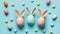 Top view photo of easter bunny ears on pink blue eggs on isolated pastel blue background with copy space generative AI