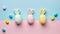 Top view photo of easter bunny and white pink blue and yellow eggs on isolated pastel blue background with copyspace generative AI