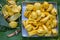 Top view photo of jackfruit heap ripe in a tray, ready for eating. Fruit for health