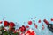 Top view photo of red flowers, wine bottle with glass, gift box and red hearts