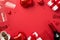 Top view photo of valentine`s day decorations gift boxes heart shaped balloons candies hearts two wineglasses shiny confetti