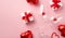 Top view photo of valentine`s day decorations small hearts in two wineglasses white gift boxes with red ribbon bows and heart