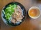 Top view photo of Vietnamese braised beef noodles bowl