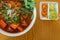 Top view photo of Vietnamese stewed beef noodle- Bo Kho