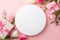 Top view photo of white circle gift boxes with bows and tulips on isolated pastel pink background with blank space