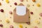 Top view photo of woman`s day composition open craft paper envelope with paper sheet multicolor field flowers and hearts on