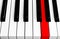 Top view of piano keys with one red button. Close-up of piano keys. Close frontal view. Piano keyboard with selective focus. Diago