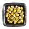 Top view of pickled capers in black bowl isolated