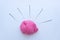 Top view of piece of pink wool surrounded by steel needles on white background. Concept of felting creative hobby. Selective focus
