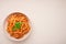 Top view of a plate with cooked Penne All`arrabbiata pasta with copy pace