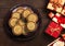 Top view plate full of chocolate round biscuits or cookies at christmas