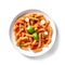 Top view on plate of fusilli pasta.