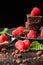 Top view of plate with pieces of brownie, raspberries, mint leaves and fork, on table with crumbs, selective focus, black backgrou