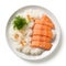 Top view on plate of rice with salmon.