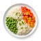 Top view of plate of rice with vegetables.