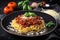 Top view of a plate of steaming Spaghetti Bolognese garnished with fresh basil leaves and grated Parmesan cheese