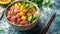 Top view of poke bowl with salmon and avocado on rustic background