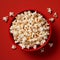 Top View of Popcorn Bowl on Red Background. Generative AI