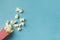 Top view popcorn composition blue background with copy space. High quality and resolution beautiful photo concept