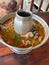 Top view Pork bone soup in hot pot Asian food.