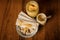 top view on porridge bowl, jars with tahini and honey