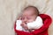 Top View Portrait First Days Of Life Newborn Cute Sleeping Baby In pajamas Wrapped In Red Diaper rug At White soft