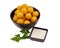 Top view potato balls with truffle sauce for online restaurant menu on white background 2