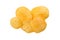 Top view of potato chips isolated on white background. Delicious piece of crispy golden chips. Tasty round potato slice