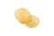 Top view of potato chips isolated on white background. Delicious piece of crispy golden chips. Tasty round potato slice