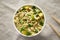 Top view, prepared instant noodles with beef flavoring in a cup. Flat lay, from above, overhead. Close-up