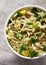 Top view, prepared instant ramen noodles with beef flavoring in a cup. Flat lay, from above, overhead. Close-up