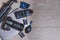 Top view of professional photography gear on the top of a wooden table