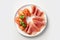 Top View Prosciutto E Melone On White Round Plate On White Background. Generative AI