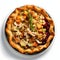 Top view of pumpkin and meat spiced pizza Pumpkin as a dish of thanksgiving for the harvest, picture on a white isolated