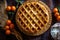 top view of pumpkin pie with lattice crust