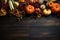 Top view pumpkins, gourds on wooden table. Thankgiving Day banner design.