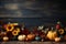 Top view pumpkins, gourds on wooden table. Thankgiving Day banner design.