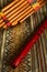 Top view of a quena Peruvian flute and pan flute, on colorful Peruvian textile. Traditional music concept