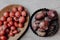Top view of radishes and beets on a brown and rustic table