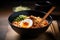 Top view ramen. Traditional Korean ramen soup with kimchi. Korean cuisine. Asian food. Traditional korean cuisine set.